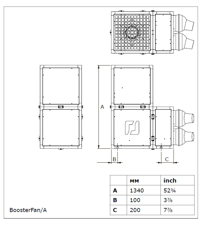 Габаритные размеры вентилятора для увеличения воздушного потока Boosterfan Габаритные размеры вентилятора Совплим